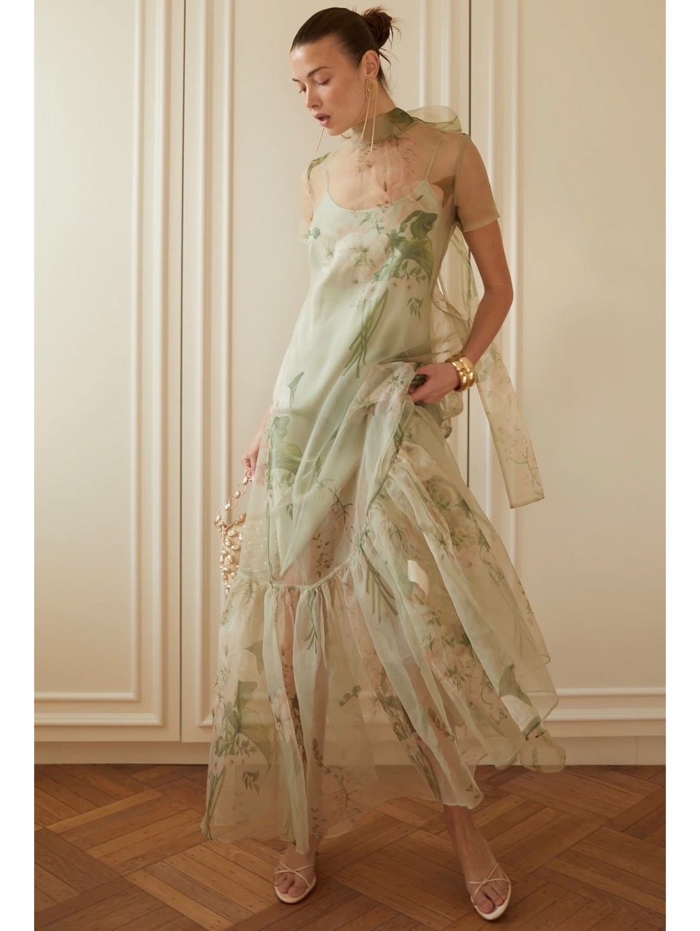 CAARA By Few Moda Melody Maxi Dress Sheer Organza Gown Size Medium Mint Blossom